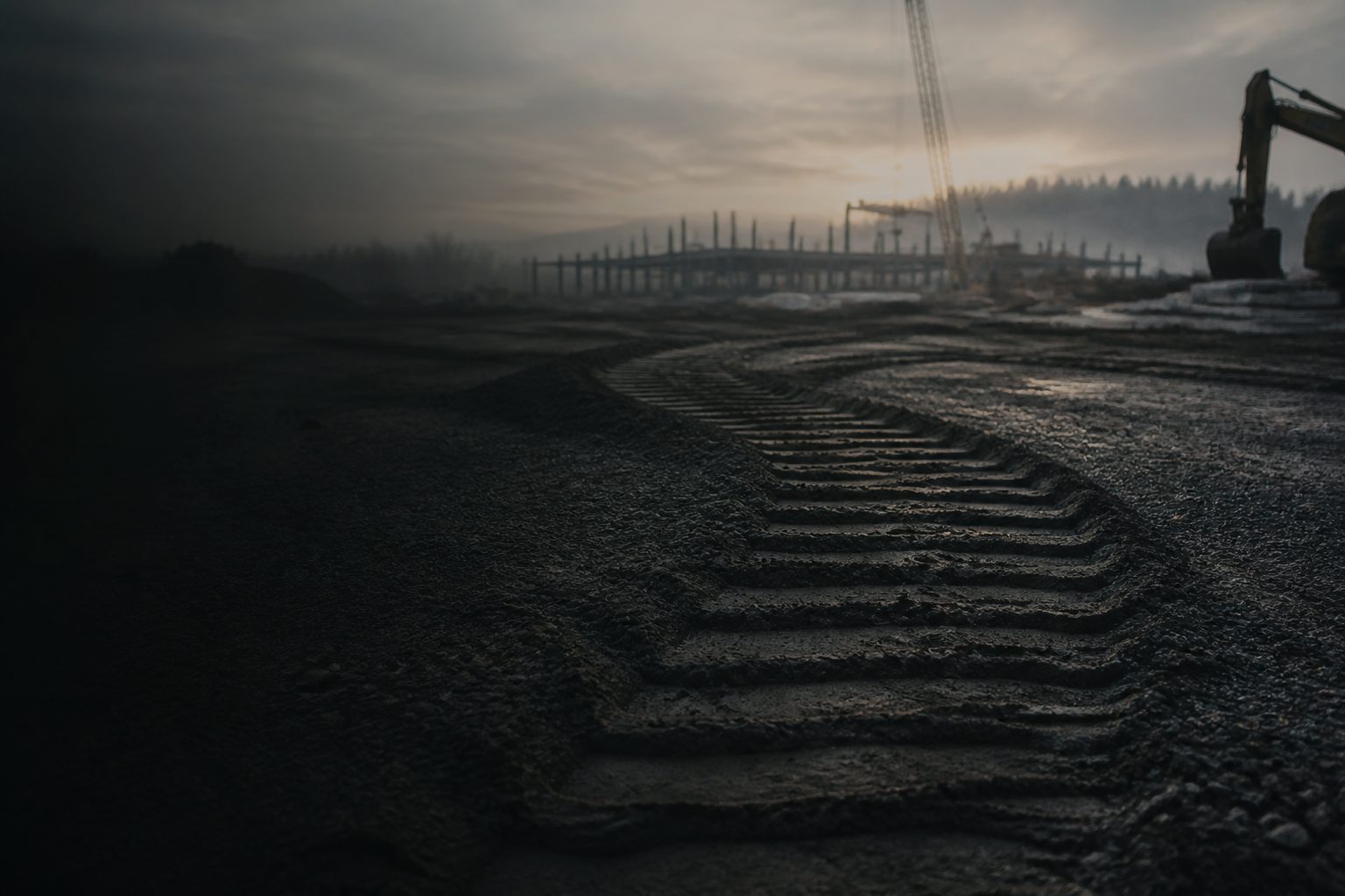 Tank tracks crossing a disciplined construction staging ground